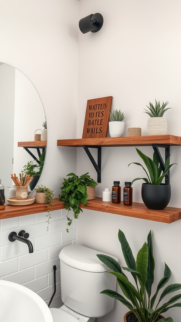 Rustic wooden shelves displaying plants and decor in a modern bathroom.