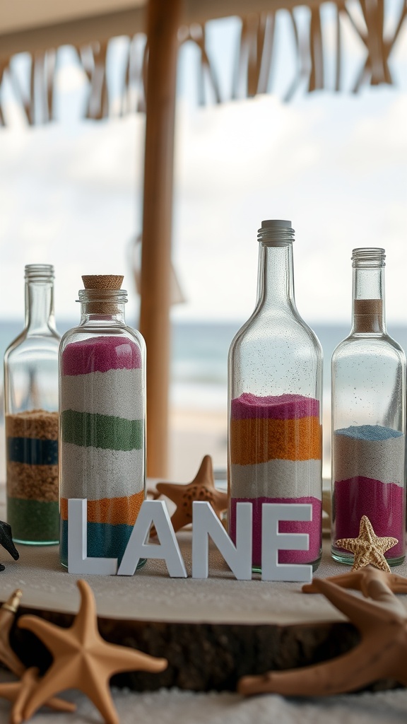 Colorful sand art bottles on a table with a beach backdrop