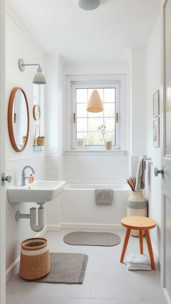 A modern bathroom with a sleek design featuring neutral colors, wooden accents, and plants.