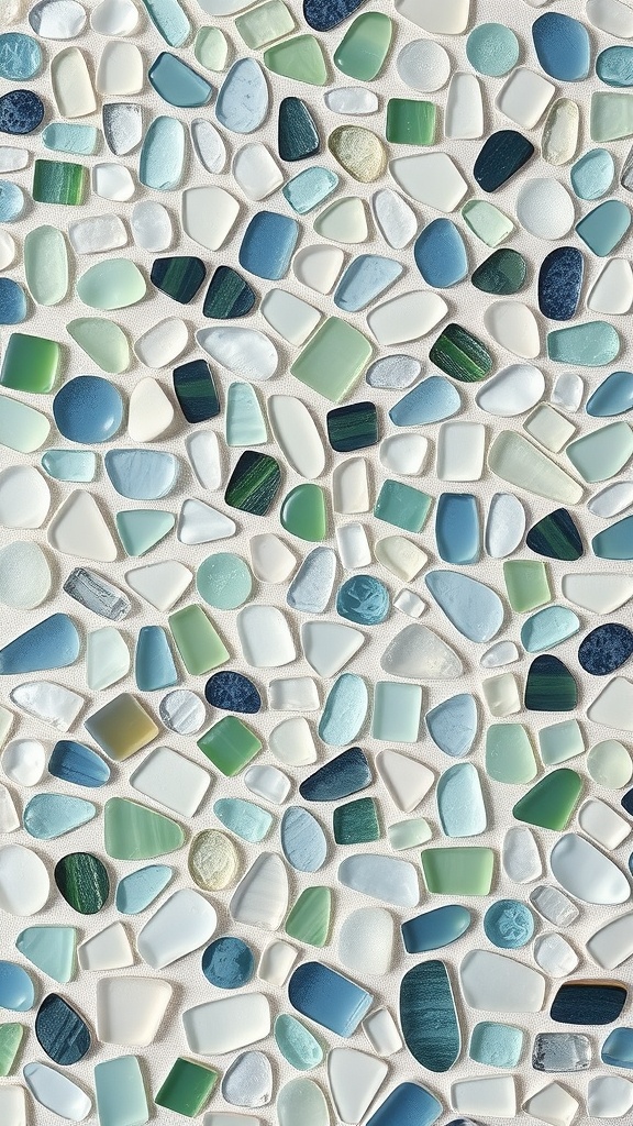 Colorful sea glass mosaic artwork in various shapes and sizes.