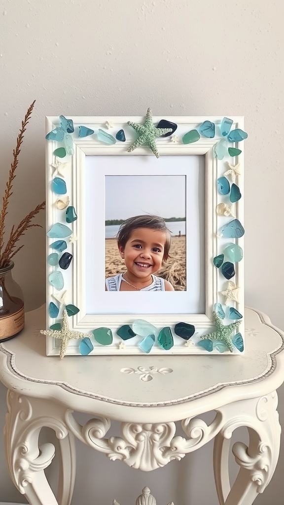 A decorative picture frame adorned with sea glass and starfish, featuring a cheerful photo inside.