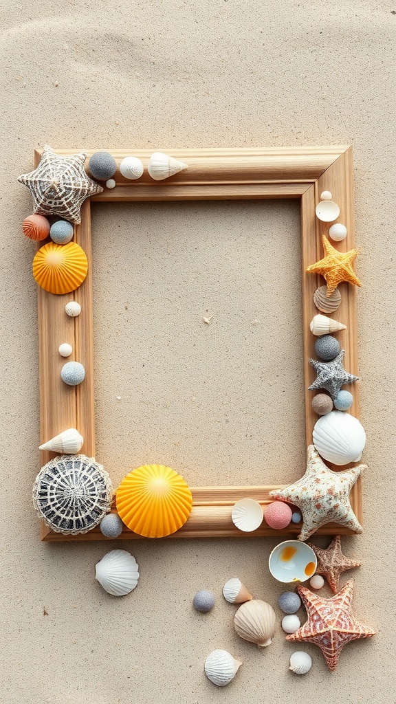 A wooden picture frame decorated with various seashells and starfish on a sandy background.