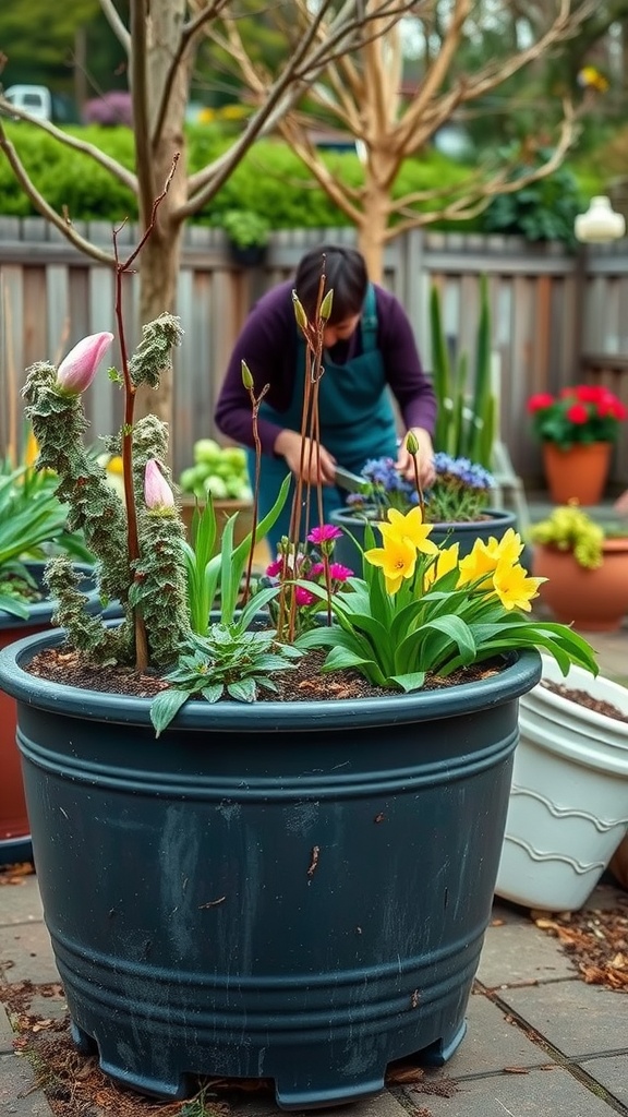 A person tending to colorful flowers in a large container garden.