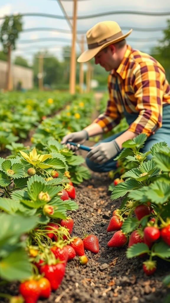 A person tending to lush strawberry plants in a garden.