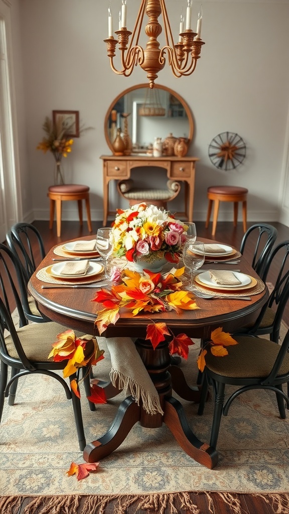 A beautifully set dining table with fall decorations, featuring a floral centerpiece and autumn leaves.