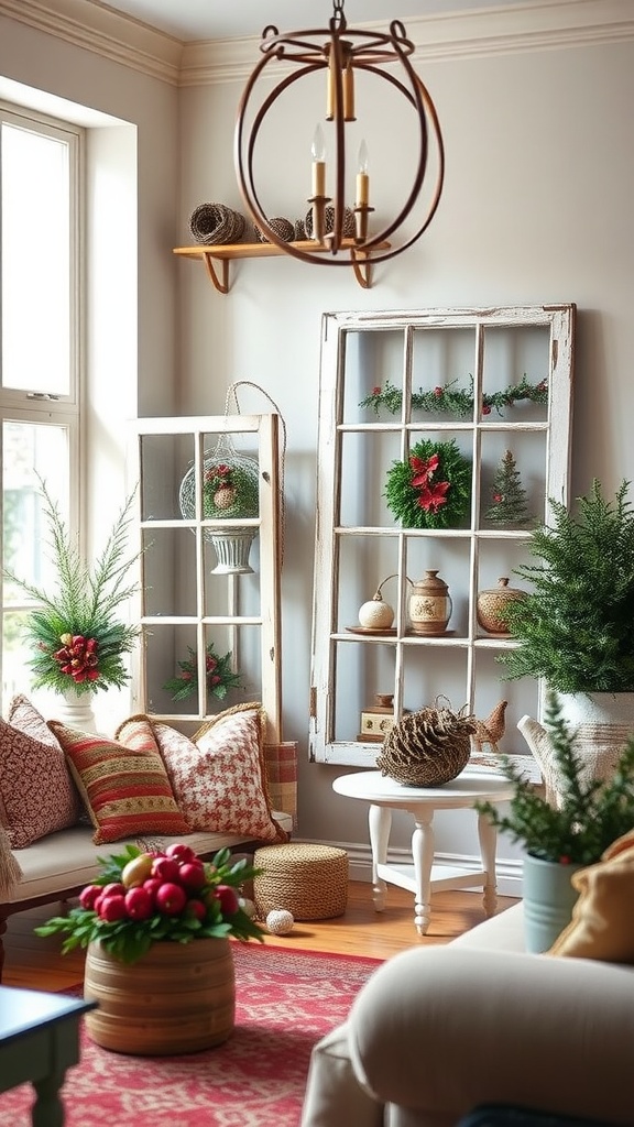 A cozy living room featuring two old window frames decorated with greenery and seasonal accents.