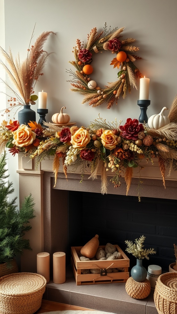 A cozy fireplace adorned with a seasonal garland of dried flowers and decorative elements.