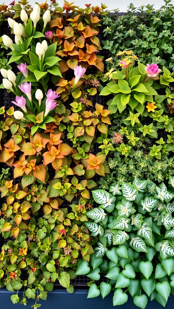 A vibrant plant wall featuring a mix of colorful flowers and lush greenery.