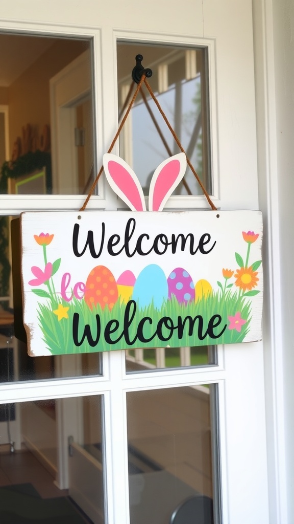 A colorful Easter welcome sign featuring bunny ears, eggs, and flowers.