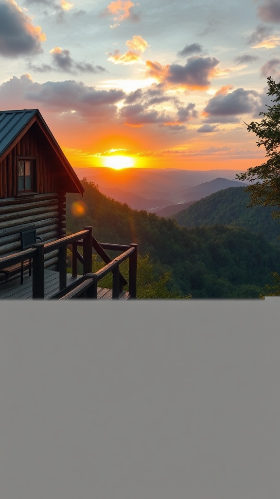 A cozy cabin with a view of a colorful sunset over mountains