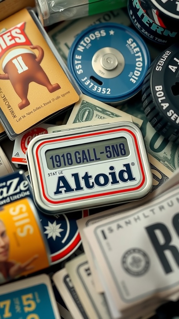 An Altoid tin surrounded by cash and various cards.