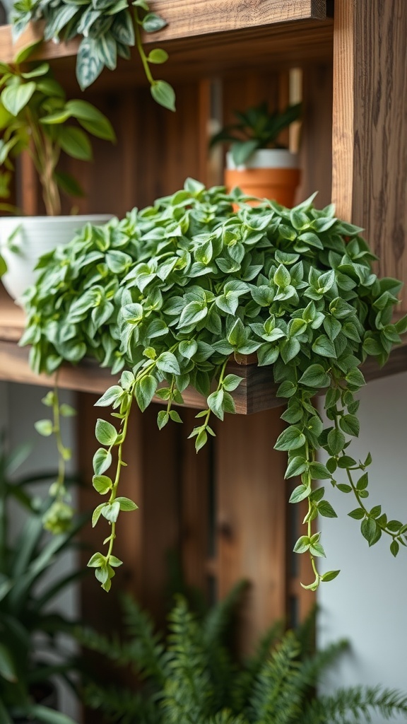 A lush Sedum Morganianum, also known as Burro's Tail, with its thick, trailing stems and plump, green leaves, displayed on a wooden shelf among other indoor plants.