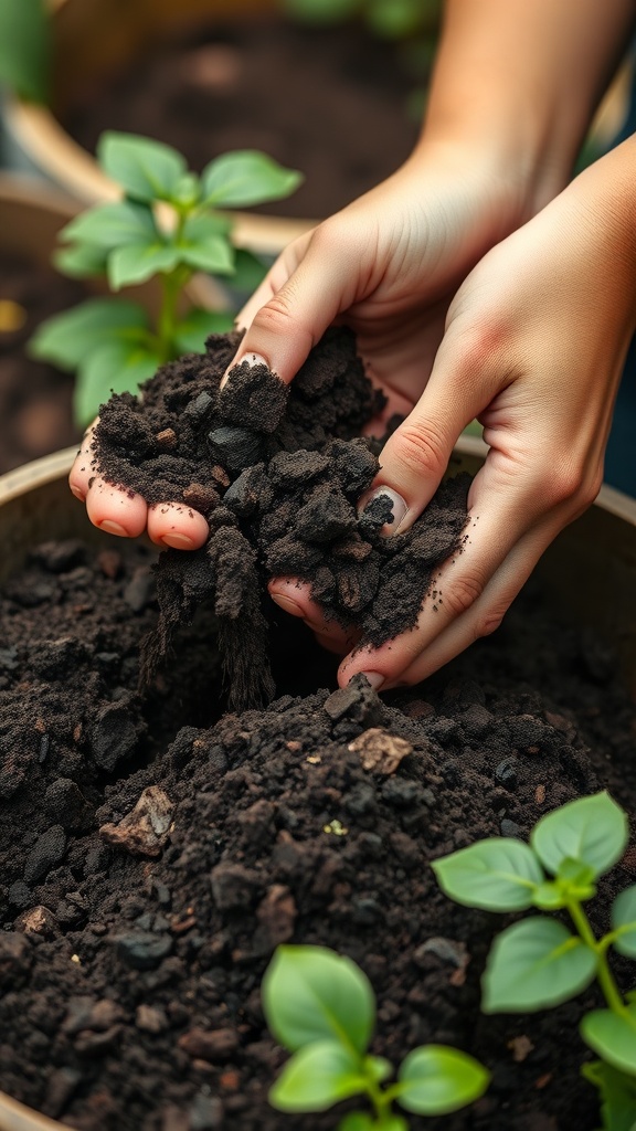 Hands holding dark, rich soil with small green plants in the background.