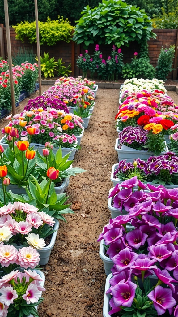 Vibrant flower garden with colorful blooms in pots arranged in rows.