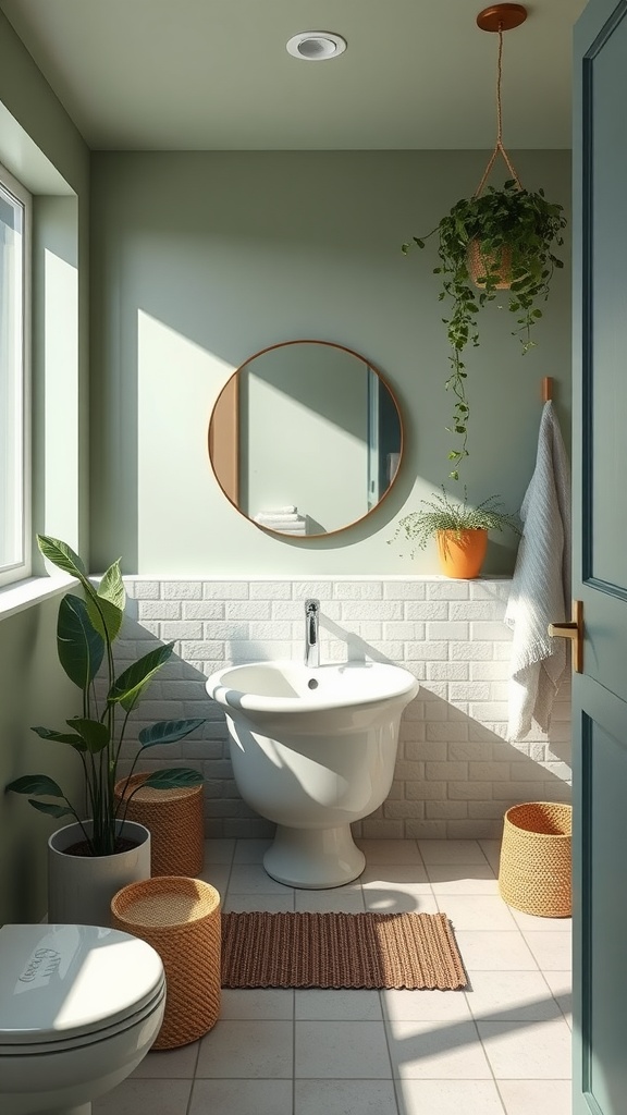 A stylish bathroom featuring sage green walls, round mirror, plants, and natural decor.