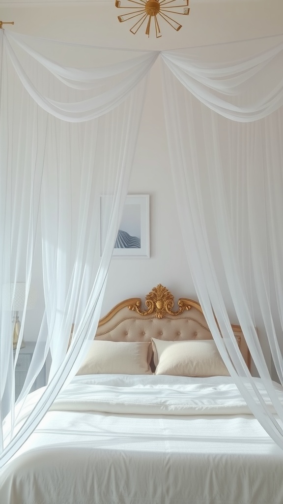 A dreamy sheer fabric draped canopy over a bed with soft pillows.