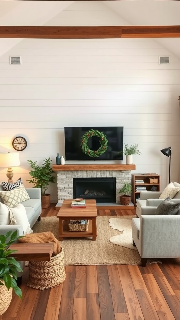 Living room with shiplap wall paneling and rustic decor.