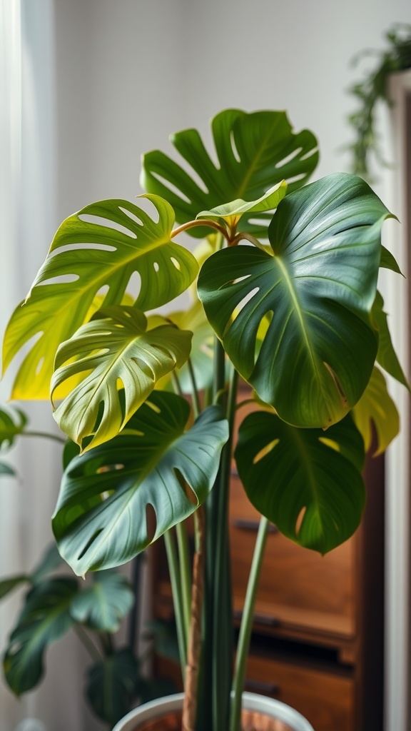 Healthy Monstera plant with green leaves.