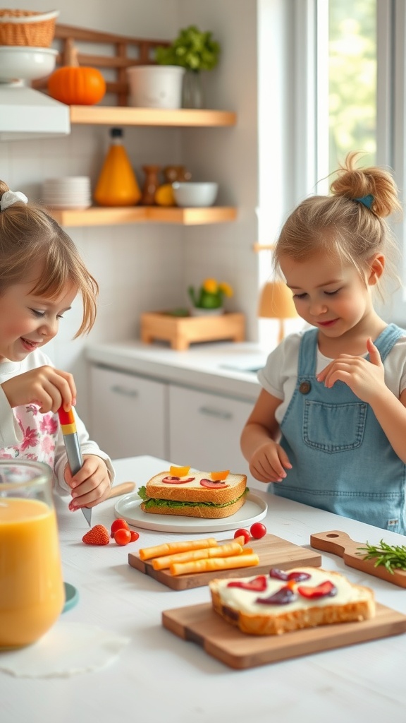 Two children making creative sandwiches with colorful ingredients in a bright kitchen