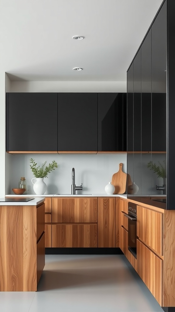 A modern kitchen featuring sleek black cabinets with natural wood accents, showcasing a stylish and contemporary design.