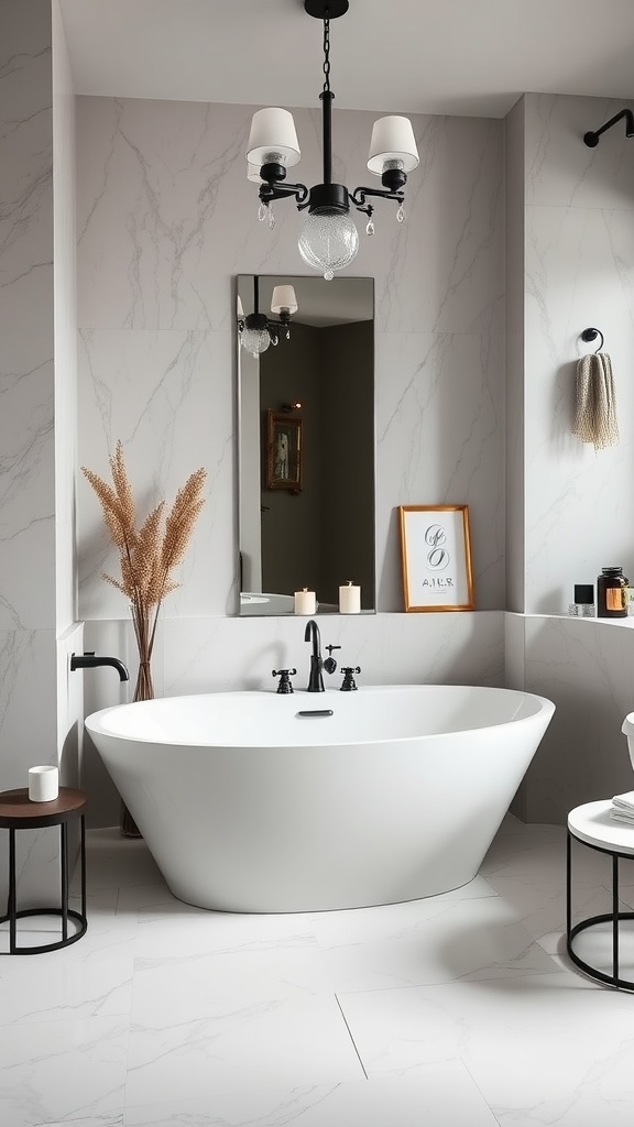 A sleek freestanding bathtub in a modern bathroom setting.