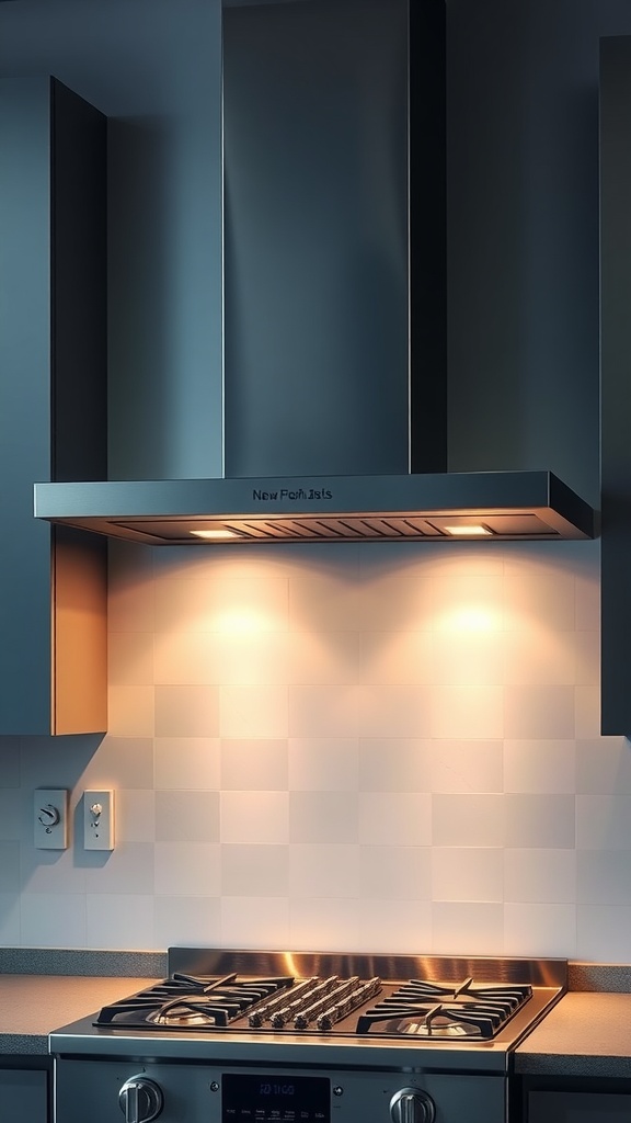 Sleek stainless steel kitchen hood over a gas stove, with warm lighting highlighting the area