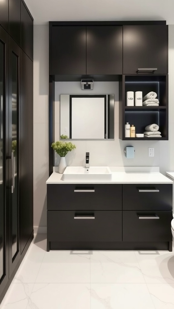 Black bathroom storage with sleek cabinetry and open shelves