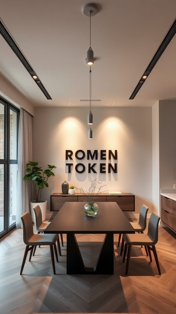 A modern dining room featuring sleek track lighting and minimalist decor.