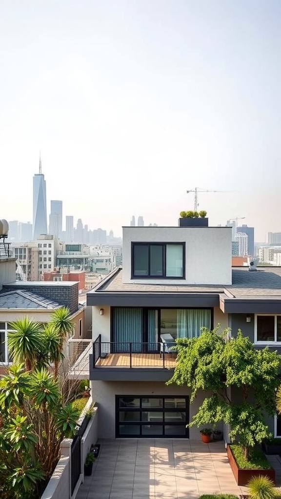 A modern two-story townhouse with a stylish balcony and greenery, set against a city skyline.