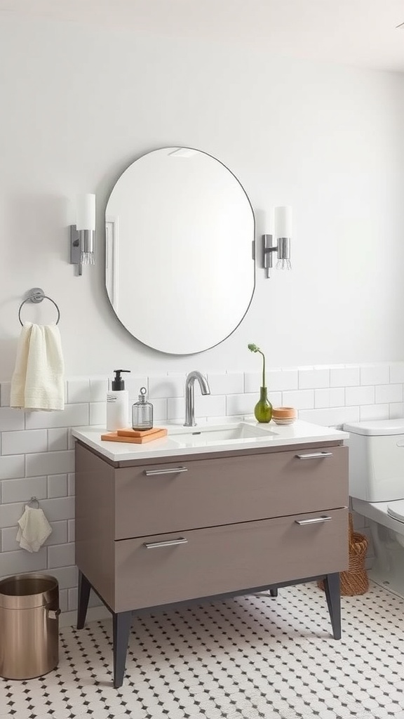 A minimalist midcentury bathroom featuring a sleek gray vanity with two drawers, round mirror, and modern fixtures.