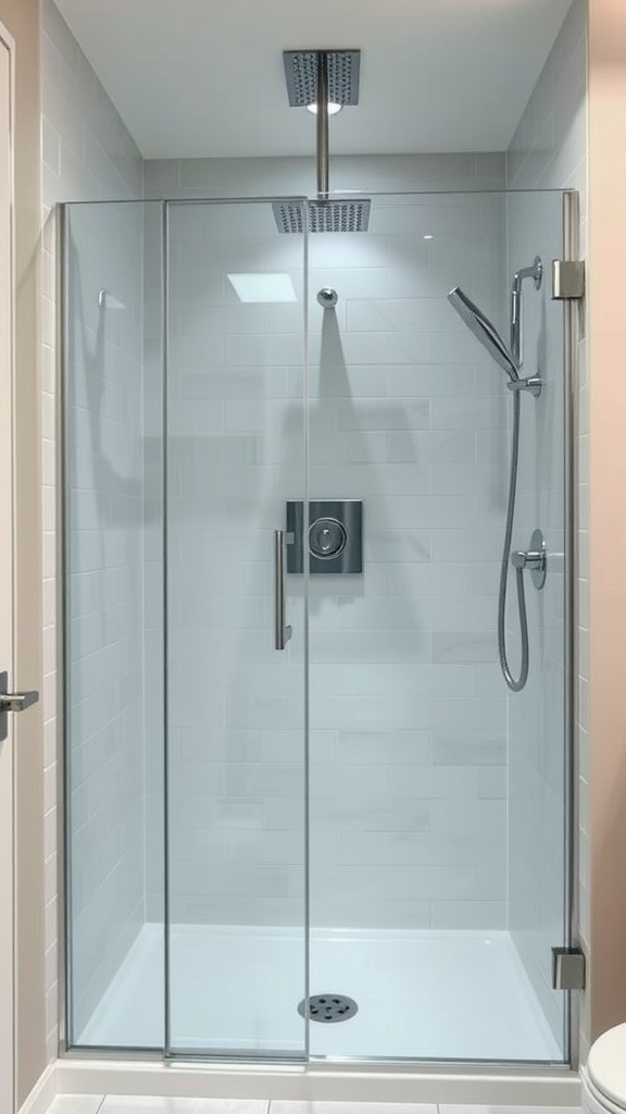 A sleek walk-in shower with glass walls, modern fixtures, and a clean tile design.