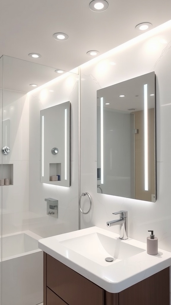 Modern bathroom with sleek mirrors, stylish lighting, and contemporary fixtures.