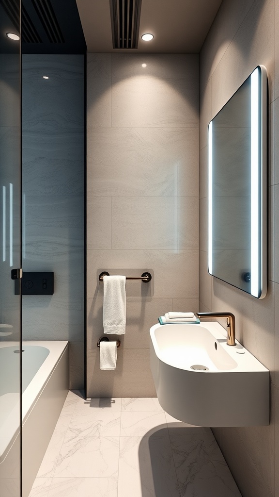 A modern bathroom with smart technology features, including a sleek sink, heated towel rack, and digital controls.