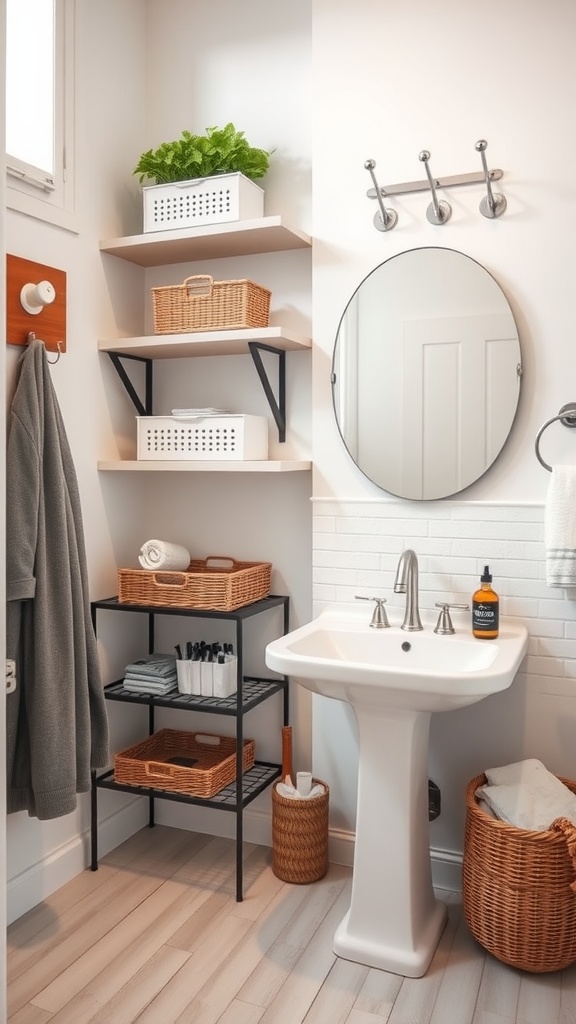 A stylish bathroom with organized storage solutions, featuring shelves, a mirror, and a sink.