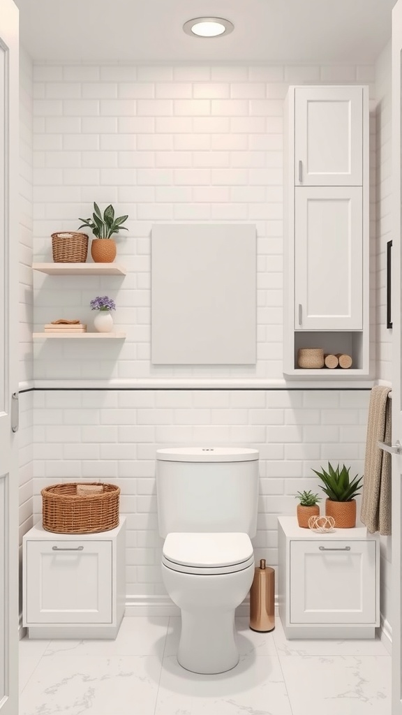 A compact bathroom with smart vertical storage solutions, including shelves and cabinetry.