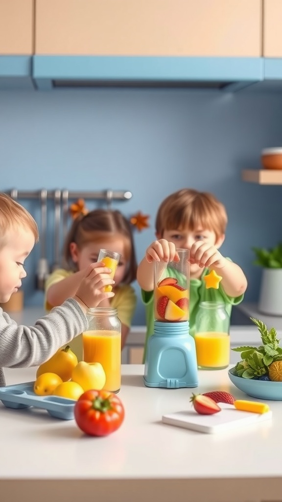 Children making smoothies in a kitchen with colorful fruits and a blender.