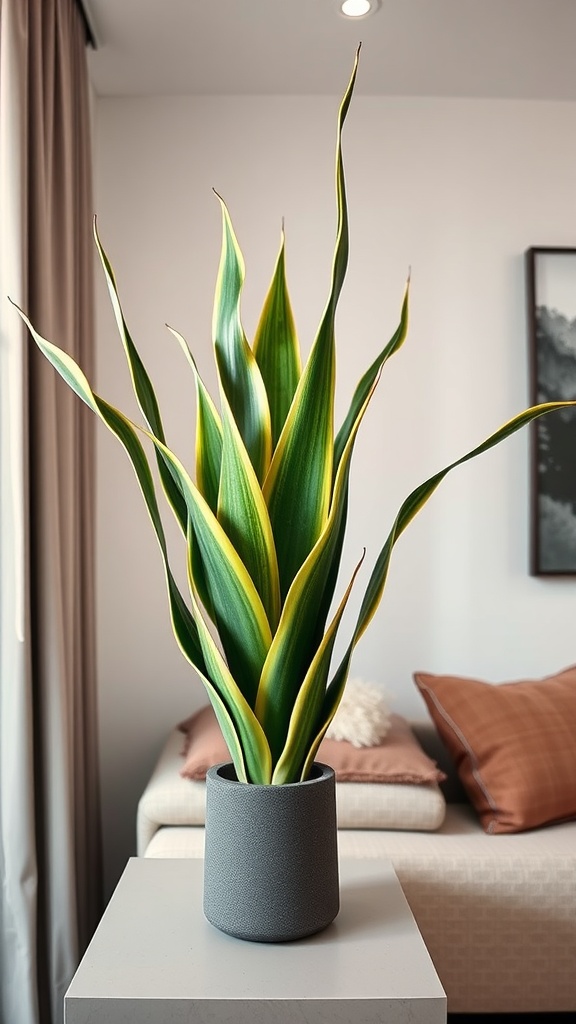 A snake plant with vibrant green and yellow leaves in a modern pot.