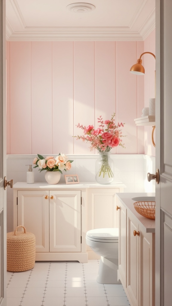 A bright and cozy bathroom featuring soft blush pink walls, a floral arrangement, and light-colored furnishings.