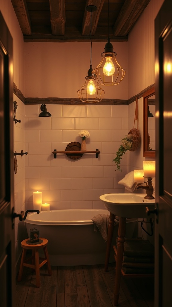 A cozy rustic bathroom with warm pendant lights, candles, and wooden elements.