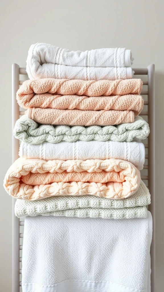 A stack of soft plush towels in pastel colors, neatly arranged on a towel rack.