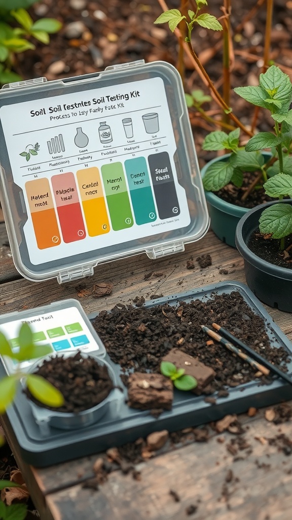 Soil testing kit with soil samples and tools on a wooden table, surrounded by potted plants.