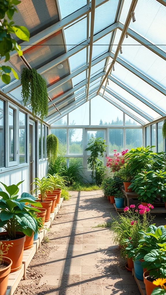 Interior of a bright solar-powered greenhouse filled with various plants and pots.