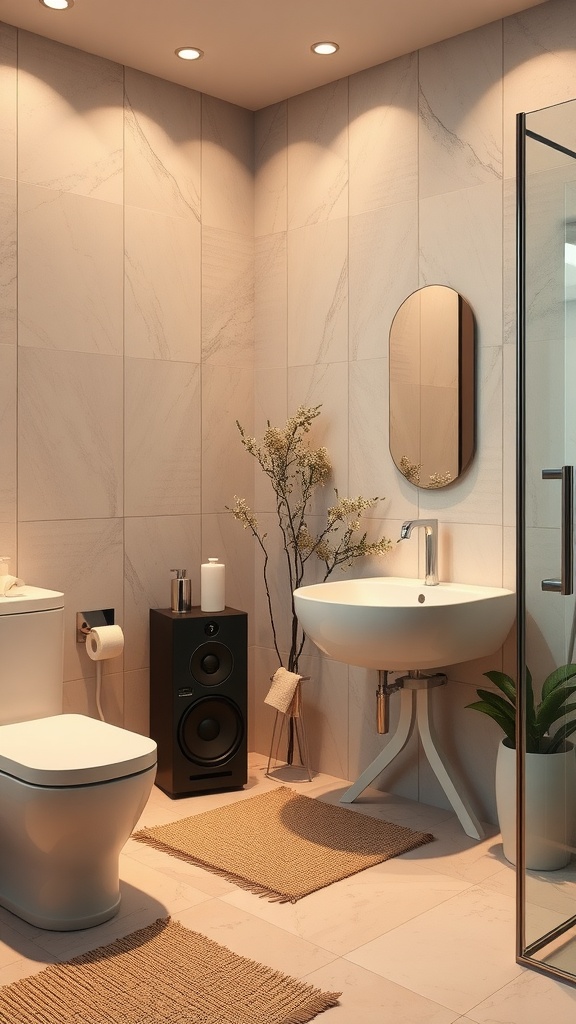 A modern bathroom featuring a stylish sound system, plants, and warm lighting.