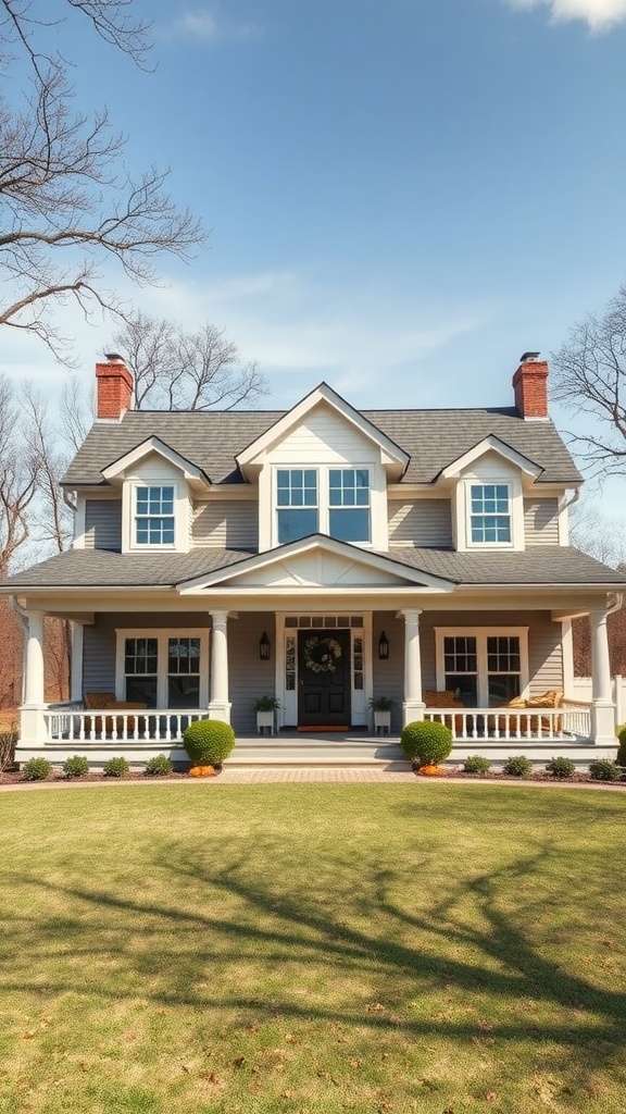 Sophisticated country home with a wraparound porch and well-maintained lawn