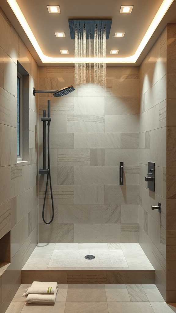 A modern rain shower retreat with sleek tiles and a rainfall showerhead.