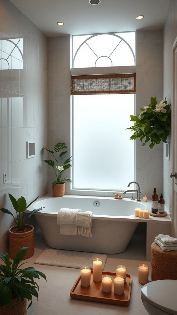 A serene bathroom setting with a freestanding bathtub, plants, candles, and natural light.