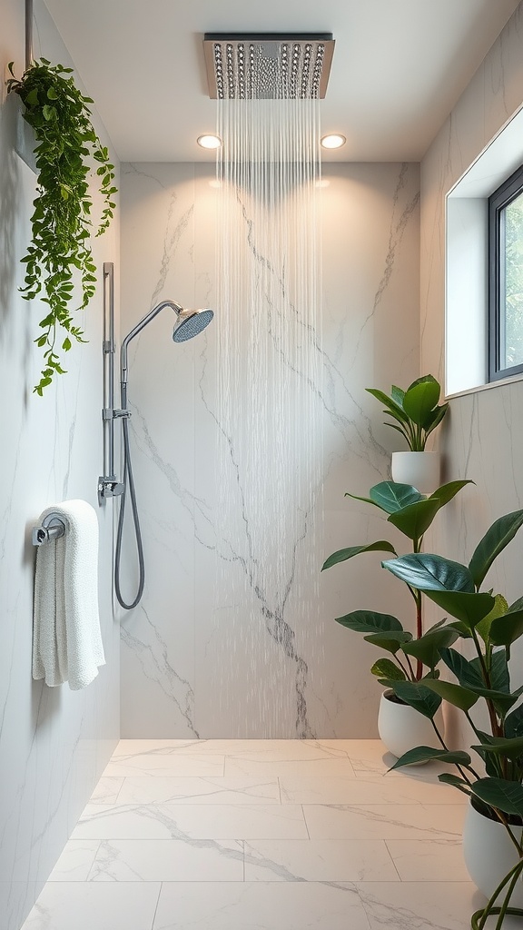 A modern shower with marble walls, a rain showerhead, plants, and soft lighting.