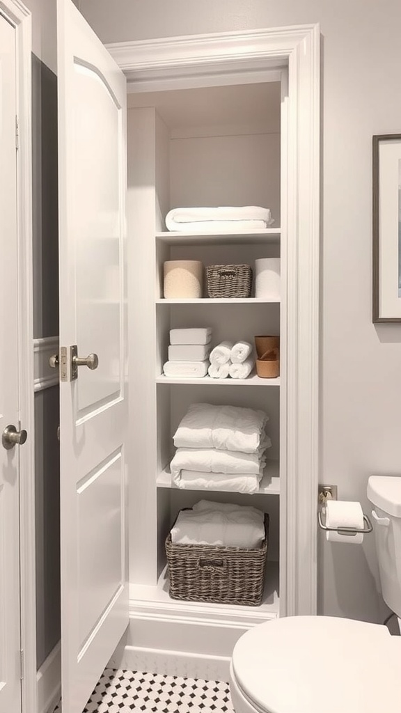 A corner linen closet in a bathroom filled with neatly arranged towels and baskets.