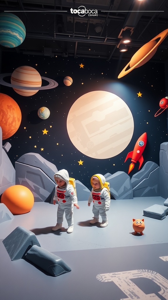 A vibrant space-themed play area with children in astronaut costumes surrounded by planets and rockets.