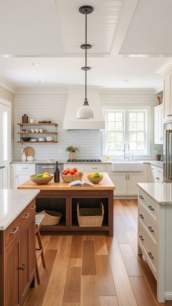 A bright, spacious kitchen featuring a large wooden island with fruit bowls and a cozy atmosphere